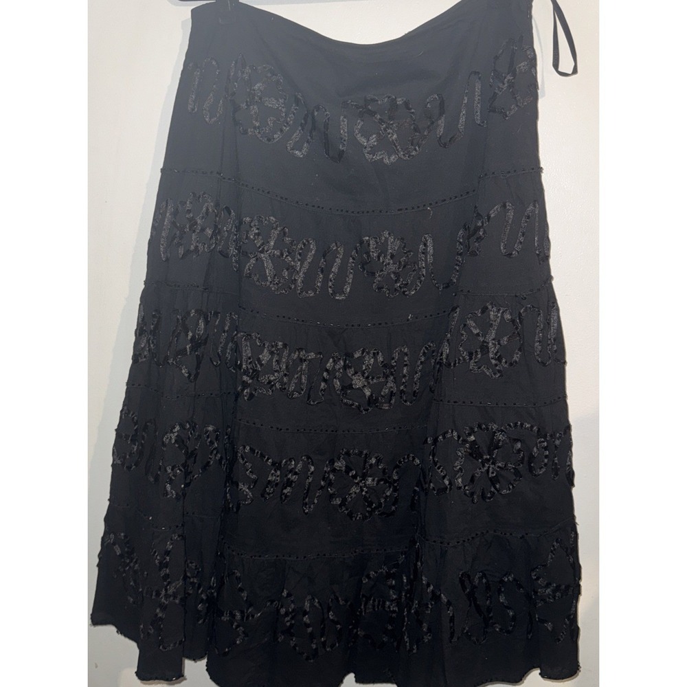 Vtg Y2k Black Ribbon Applique Beaded Tiered Midi Skirt XL Boho Side Zip Noho